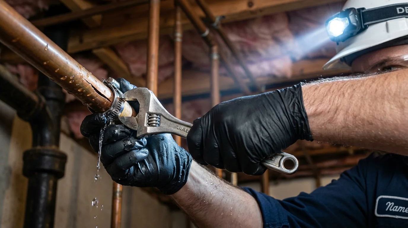 Emergency pipe clamp repair being performed by a Johns Plumbing LLC plumber in Elba