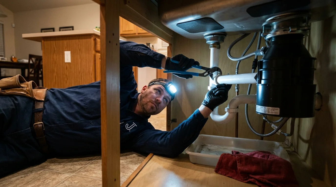 P-trap and supply line connections under a kitchen sink showing a common leak point in Elba, AL
